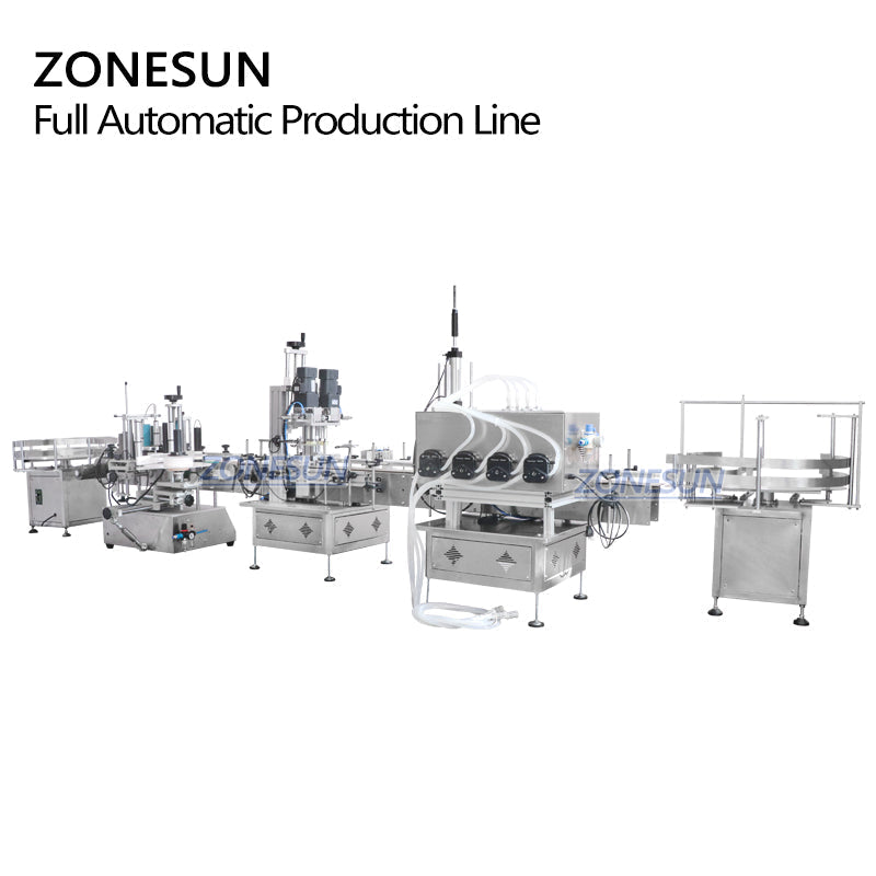 ZONESUN Tabletop 4 Nozzles Peristaltic Pump Filling Capping Labeling Machine With Bottle Unscrambler ZONESUNPRO