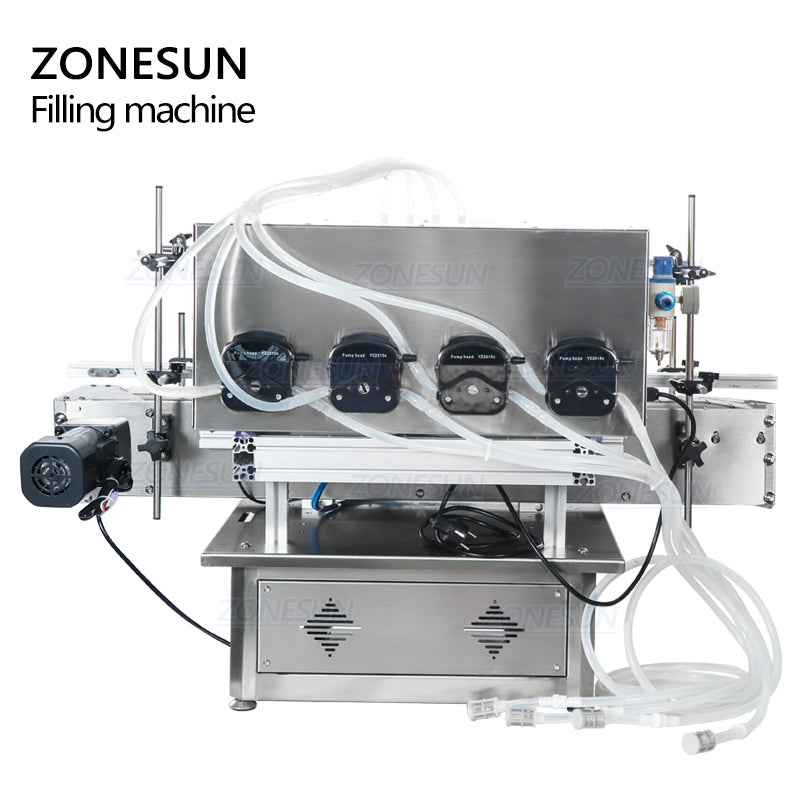 ZONESUN ZS-DTPP4C Automatic 4-Head Peristaltic Pump Liquid Filling Machine with Chain Conveyor | 30–50 BPM ZONESUNPRO