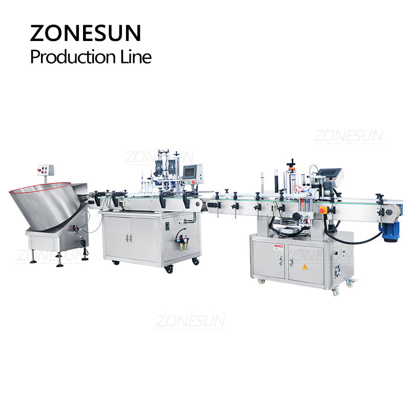 ZONESUN ZS-FAL180Z2 2 Nozzles Magnetic Pump Liquid Filling Capping Round Bottle Labeling Machine With Bottle Unscrambler ZONESUNPRO