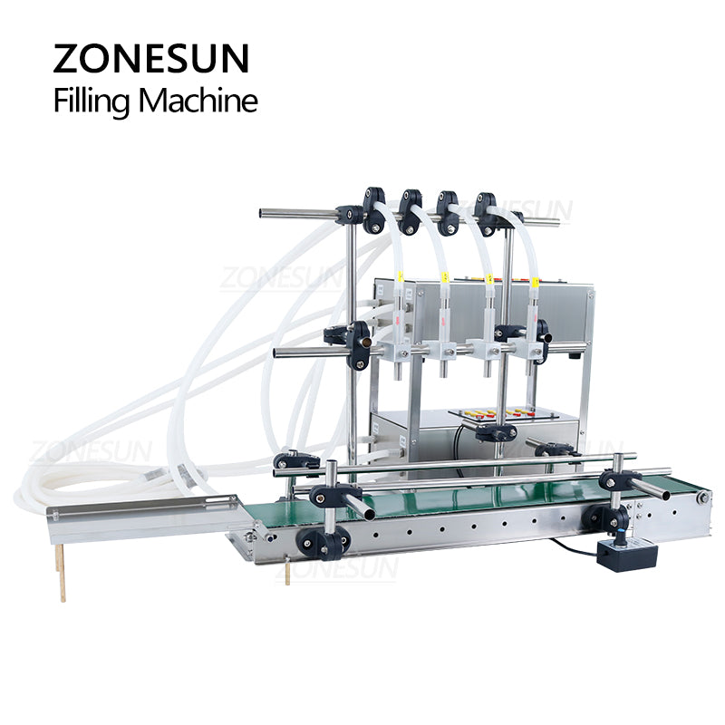 ZONESUN ZS-DTDP4G Automatic 4 Nozzles Diaphragm Pump Liquid Filling Machine With Conveyor ZONESUNPRO