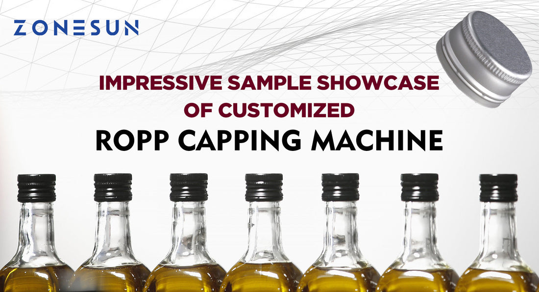 Row of glass bottles with black screw caps showcasing customized ROPP capping machine by ZONESUN