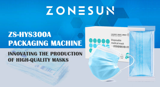ZS-HYS300A packaging machine advertisement with disposable blue medical masks and sealed mask packaging