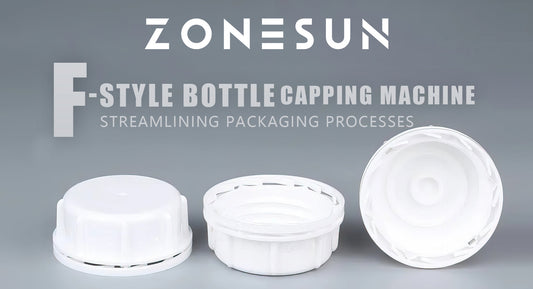 ZONESUN F-style bottle capping machine with white plastic bottle caps on gray background