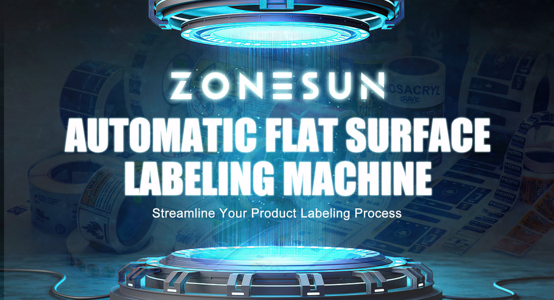 ZONESUN automatic flat surface labeling machine with product label rolls and a blue futuristic platform