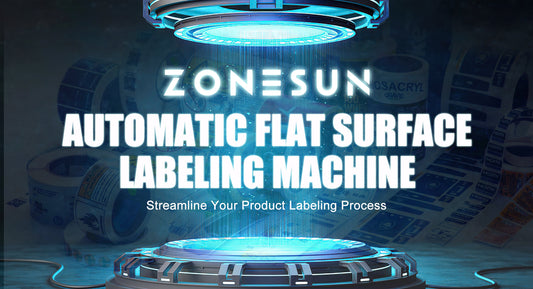 ZONESUN automatic flat surface labeling machine with product label rolls and a blue futuristic platform