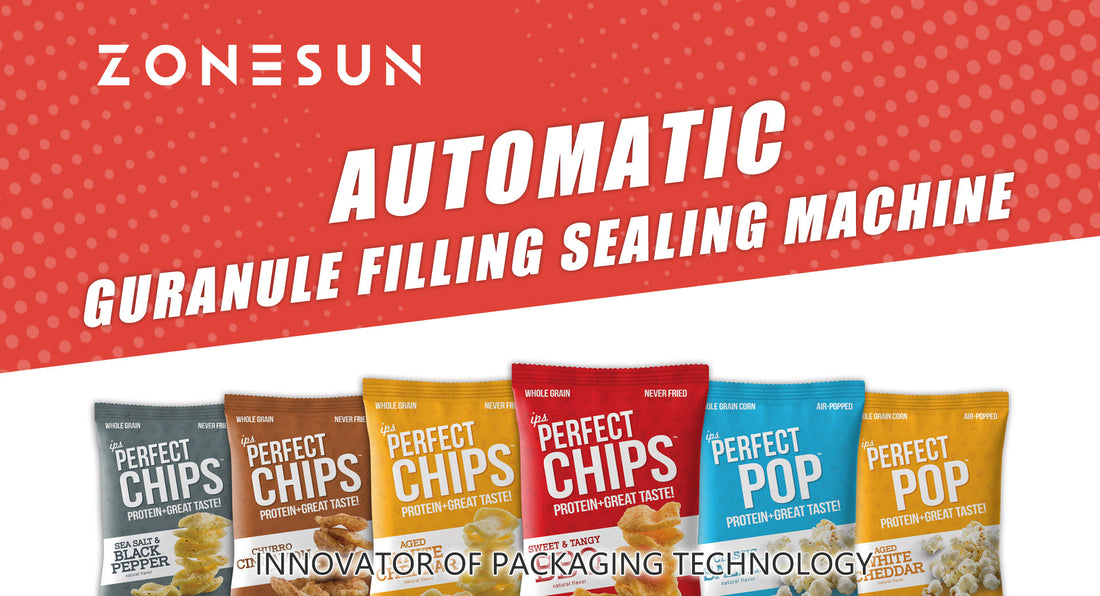 Automatic granule filling sealing machine with colorful packaged chips and popcorn bags