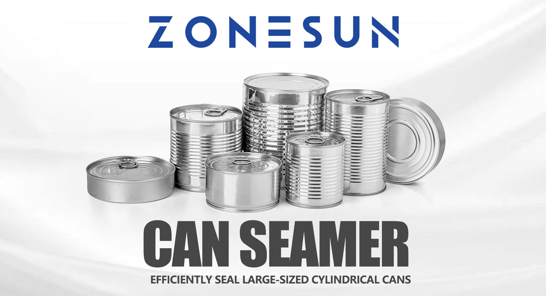 Various large-sized cylindrical metal cans with pull-tab lids, promoting ZONESUN can seamer
