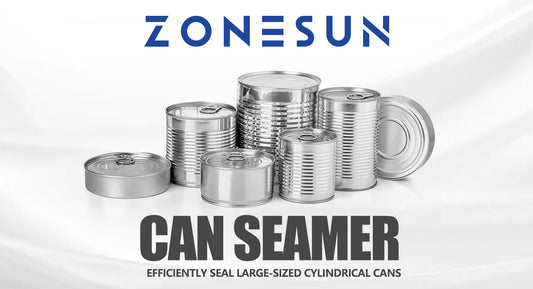Various large-sized cylindrical metal cans with pull-tab lids, promoting ZONESUN can seamer