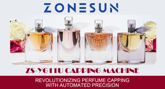 Four elegant perfume bottles with decorative ribbons and roses in the background under Zonesun logo
