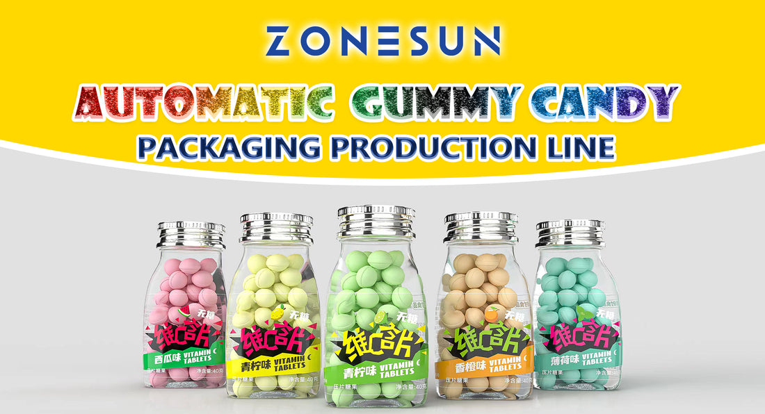 Five glass bottles with colorful vitamin C gummy candy tablets in pink, yellow, green, orange, and blue flavors