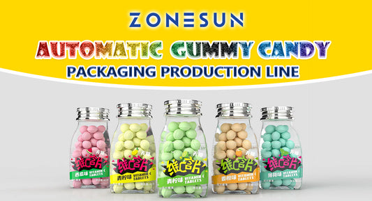 Five glass bottles with colorful vitamin C gummy candy tablets in pink, yellow, green, orange, and blue flavors
