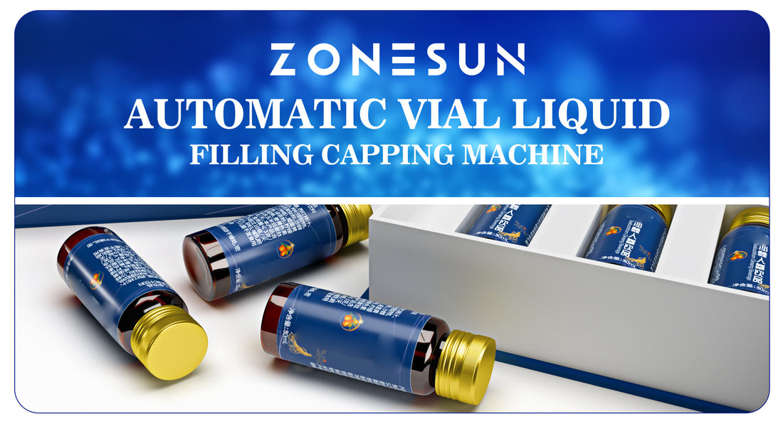 Zonesun automatic vial liquid filling and capping machine with blue-labeled bottles and gold caps