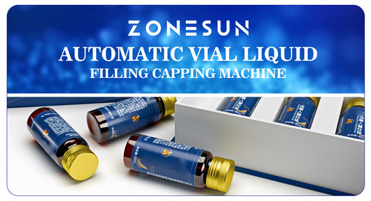 Zonesun automatic vial liquid filling and capping machine with blue-labeled bottles and gold caps