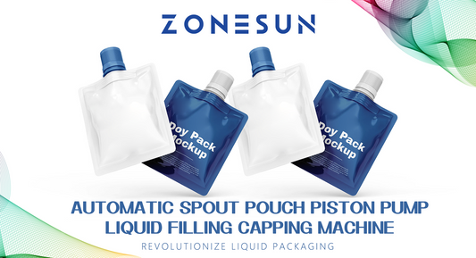 ZONE SUN automatic spout pouch piston pump liquid filling machine with blue and white doypack mockups