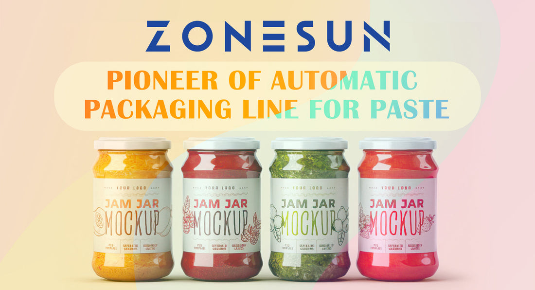 Four colorful jam jars with labels reading Jam Jar Mockup under Zonesun automatic packaging line banner