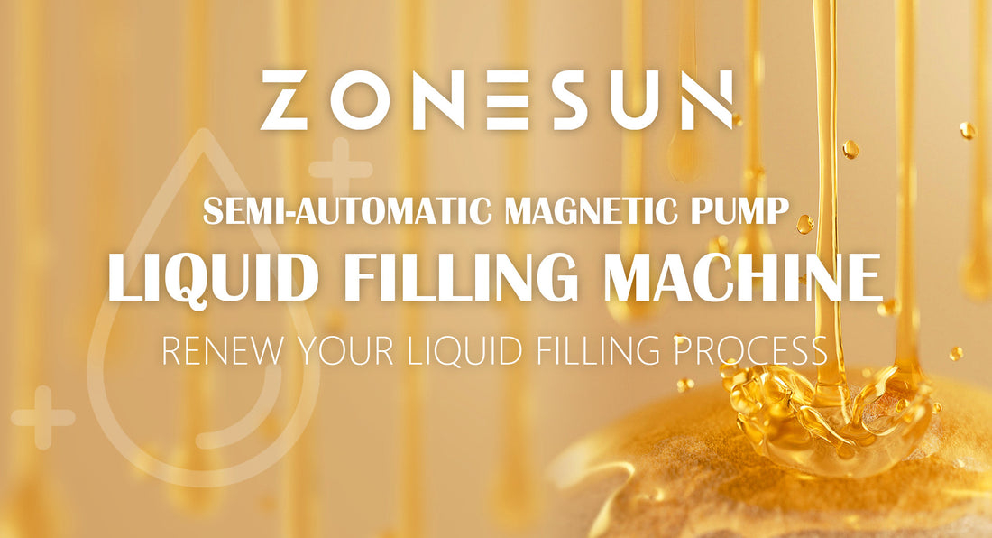 Zonesun semi-automatic magnetic pump liquid filling machine advertisement with golden liquid drops