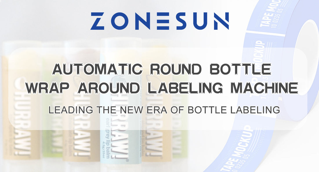 ZONESUN automatic round bottle wrap around labeling machine with cosmetic lip balm bottles and label tape