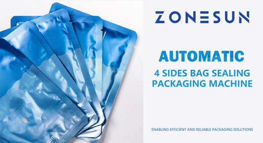 Blue sealed flexible packaging bags fanned out with Zonesun automatic 4 sides bag sealing machine text