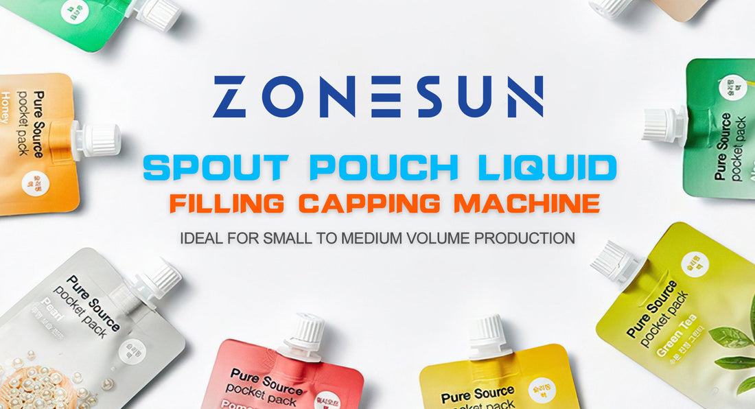 Spout pouch liquid filling capping machine ad surrounded by colorful Pure Source pocket packs