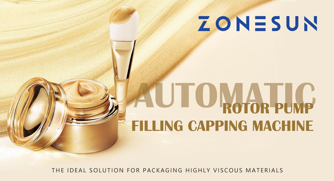 Golden cream jar and brush with gold cream backdrop, highlighting automatic rotor pump filling capping machine