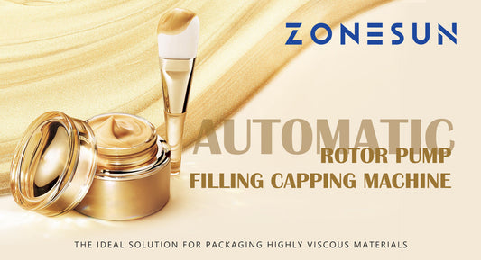 Golden cream jar and brush with gold cream backdrop, highlighting automatic rotor pump filling capping machine