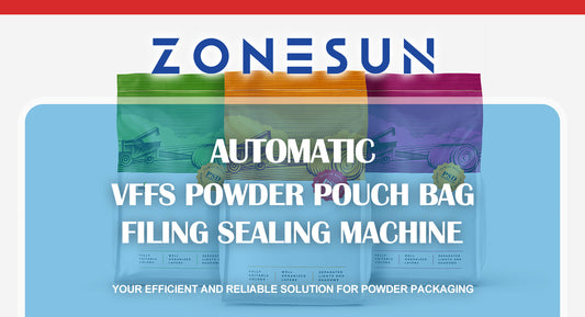 Colorful powder pouch bags with ZONESUN logo and text promoting automatic VFFS powder pouch bag filling sealing machine