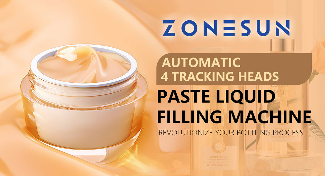 Glass jar with cream and text about Zonesun automatic 4 tracking heads paste liquid filling machine