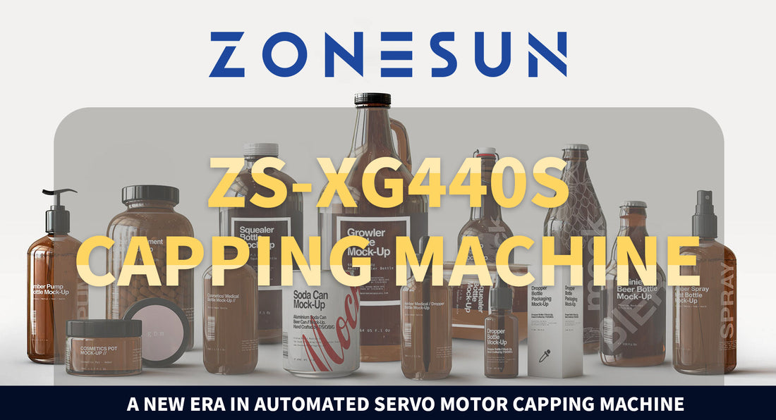 Various amber cosmetic and beverage bottles and cans with labels, promoting ZONESUN ZS-XG440S automated servo motor capping machine