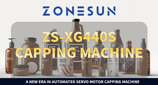 Various amber cosmetic and beverage bottles and cans with labels, promoting ZONESUN ZS-XG440S automated servo motor capping machine