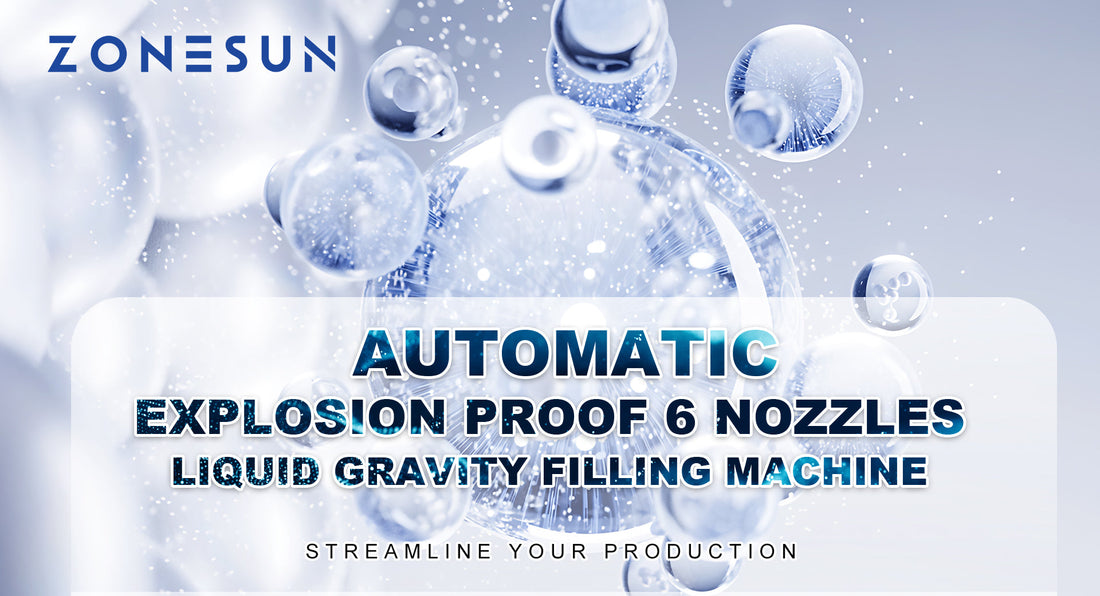 ZONESUN automatic explosion proof 6 nozzles liquid gravity filling machine advertisement with blue bubbles