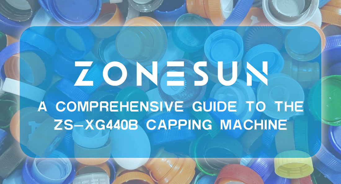 Pile of colorful plastic bottle caps with Zonesun capping machine guide text overlay