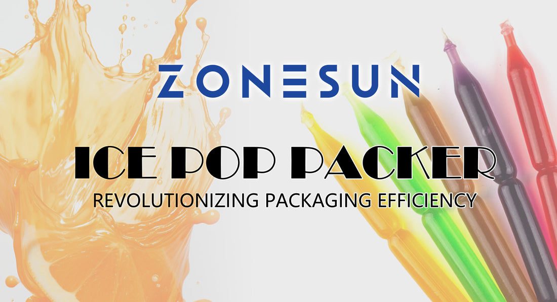 Zonesun ice pop packer with colorful ice pop packaging and orange juice splash background