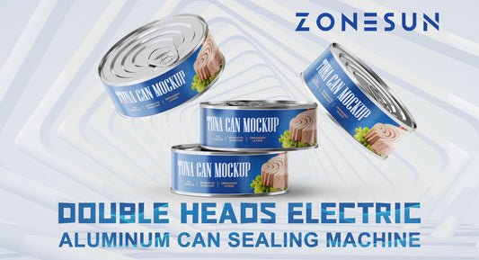 Four tuna can mockups with blue labels displayed above text advertising double heads electric aluminum can sealing machine