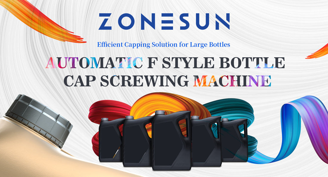Zonesun automatic F-style bottle cap screwing machine with large black plastic bottles and colorful swirls