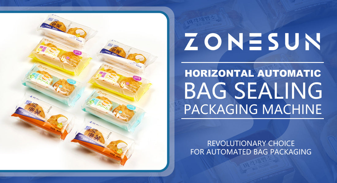 Various colorful packaged cream-filled pastries on white next to Zonesun horizontal automatic bag sealing machine ad