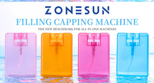 Four colorful rectangular spray bottles in pink, orange, pink, and blue on water surface under Zonesun filling capping machine text