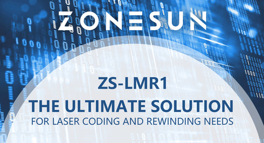 Zonesun ZS-LMR1 laser coding and rewinding machine advertisement with blue digital background
