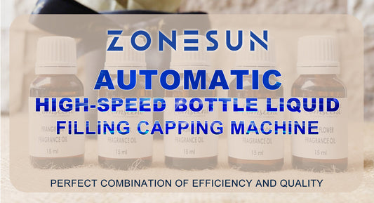Rows of 15ml fragrance oil bottles with white caps, promoting ZONESUN automatic high-speed bottle filling and capping machine