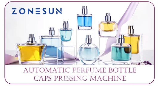 Various colorful perfume bottles arranged with Zonesun logo and automatic perfume bottle caps pressing machine text
