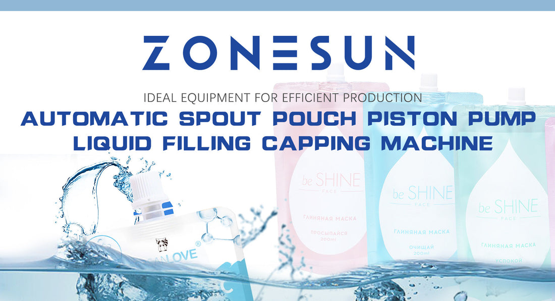 Zonesun automatic spout pouch piston pump liquid filling capping machine with splash effect