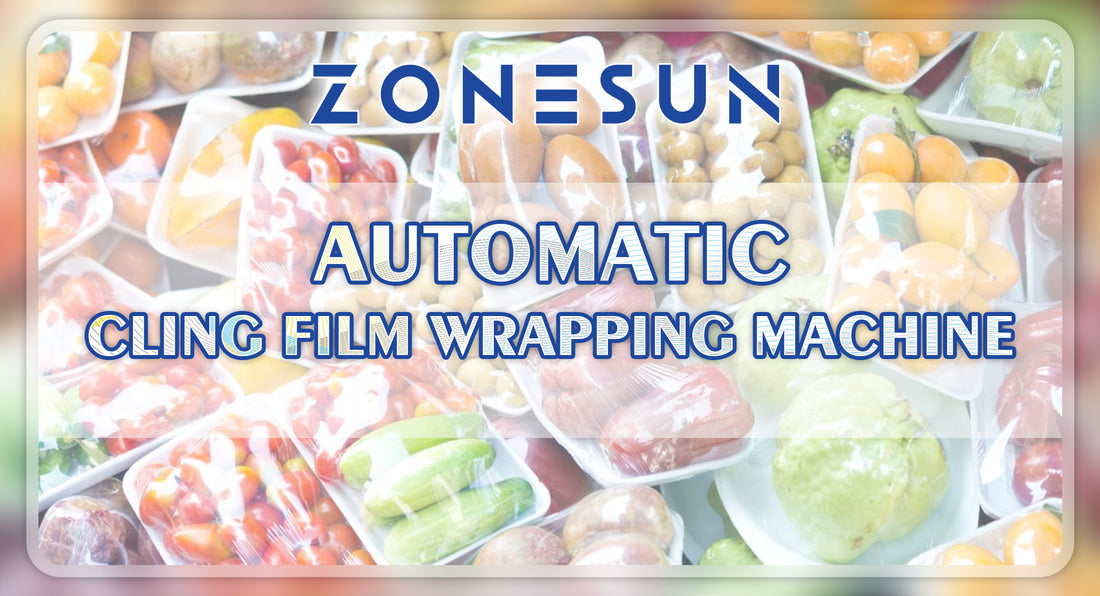 Fresh fruits and vegetables packed in plastic trays wrapped with cling film, highlighting automatic wrapping machine