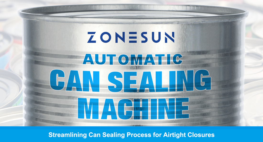 Close-up of a metal can labeled Zonesun Automatic Can Sealing Machine with text about streamlining airtight closures