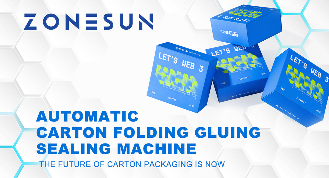 Zonesun automatic carton folding gluing sealing machine with blue web3 packaging boxes in hexagonal background