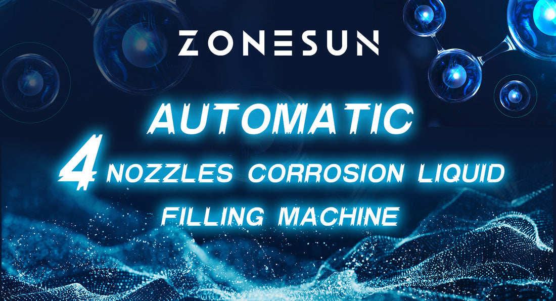 Zonesun automatic 4 nozzles corrosion liquid filling machine with blue molecular background