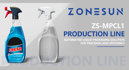 Two spray bottles, one with blue liquid labeled Fresh, on a grey background with Zonesun automated liquid packaging production line text