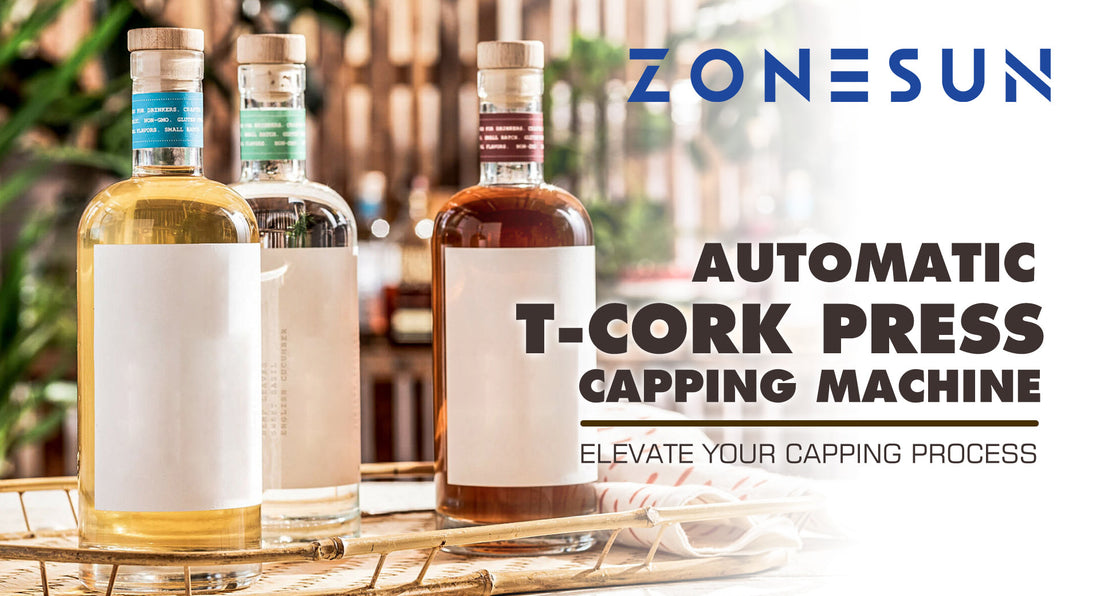 Three glass bottles with cork stoppers displayed on a wicker tray with text advertising ZONESUN automatic T-cork press capping machine