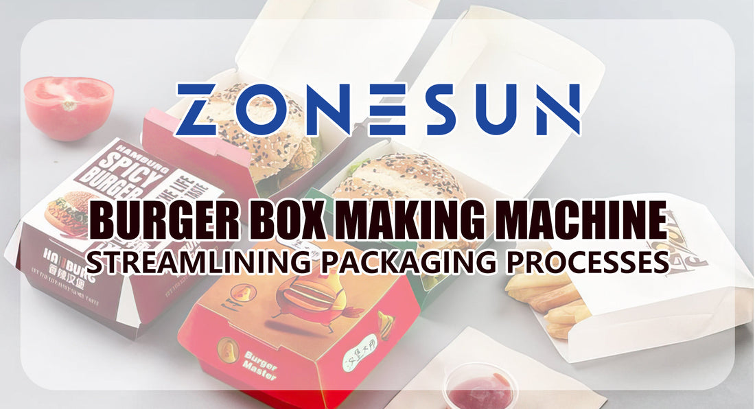 Three open burger boxes with burgers and a paper bag of fries, promoting Zonesun burger box making machine