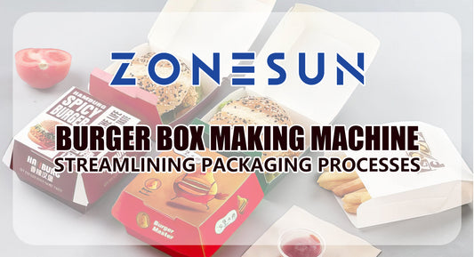 Three open burger boxes with burgers and a paper bag of fries, promoting Zonesun burger box making machine