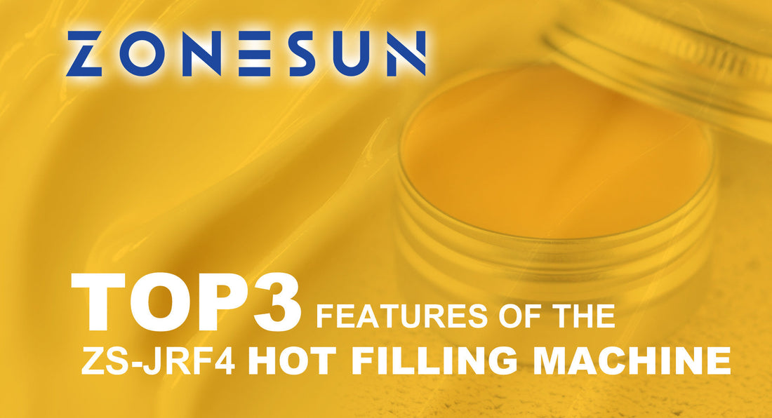 Zonesun logo with a yellow background featuring a hot filling machine and text about top 3 features