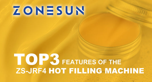 Zonesun logo with a yellow background featuring a hot filling machine and text about top 3 features